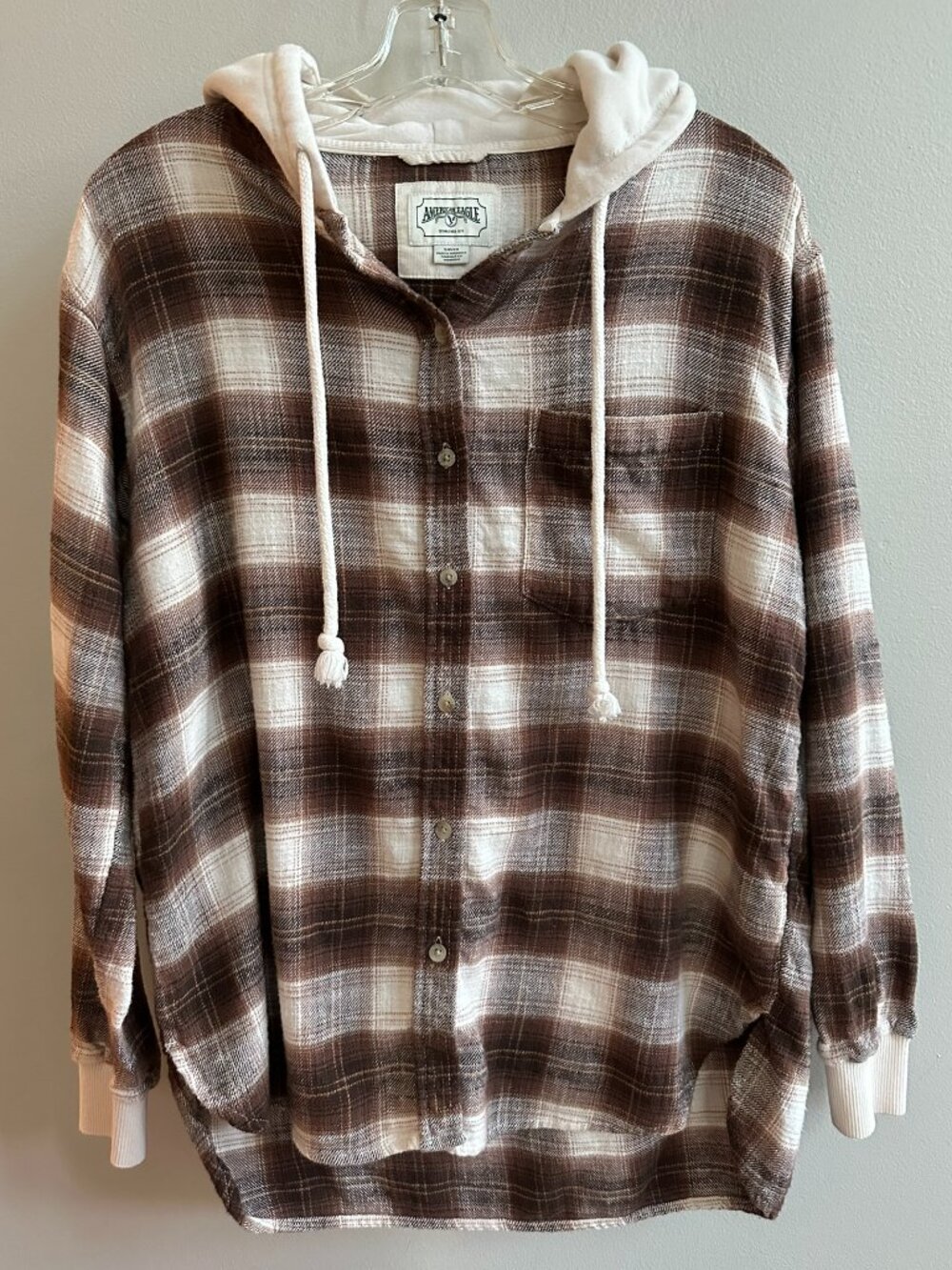 American Eagle Women's Relaxed Hooded Plaid Flannel Top Brown, Cream Size Small